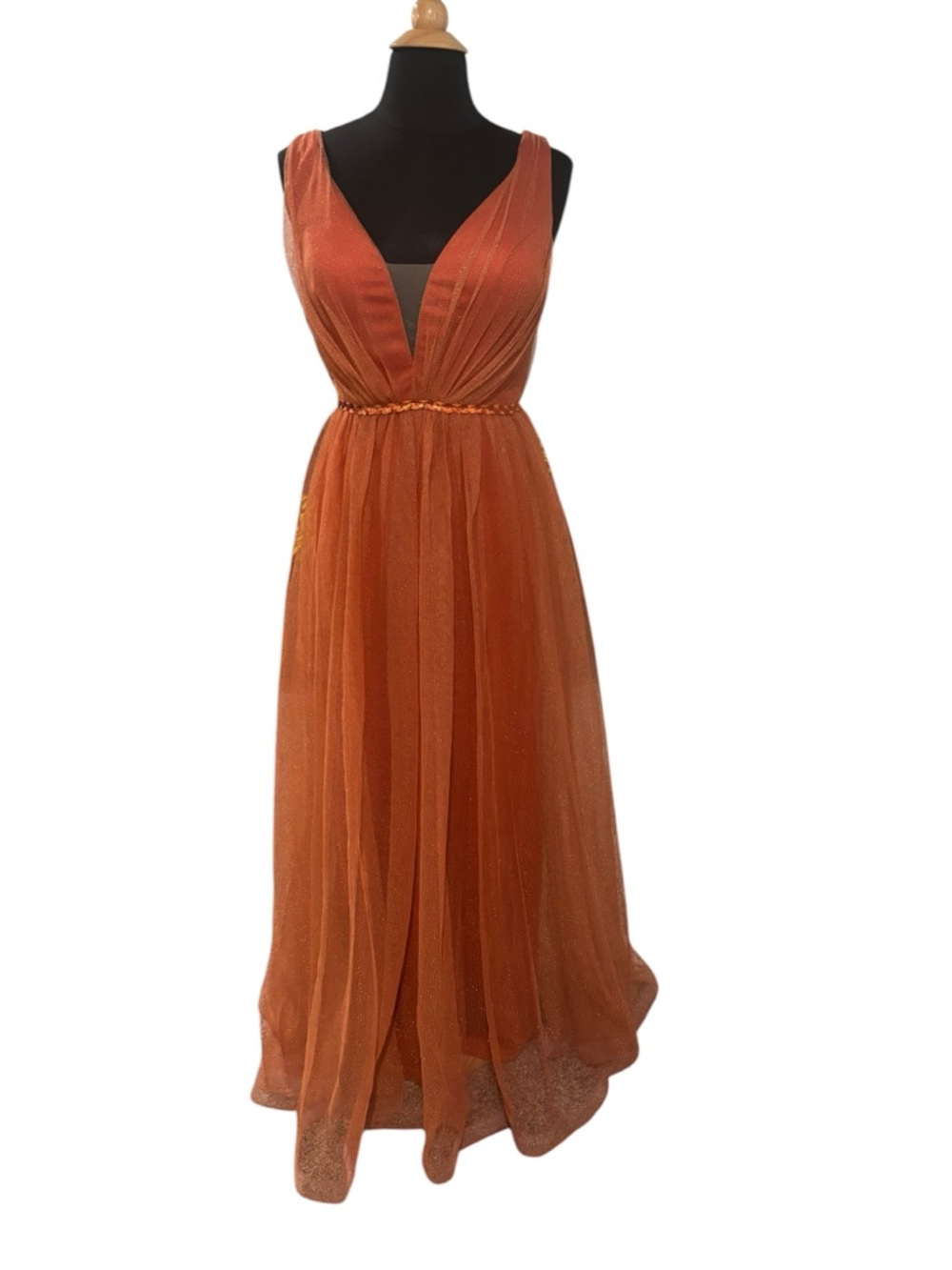 Mgiacy Burnt Orange/Rust Brown Tulle A-Line V-Neck Evening Prom Dress-size M